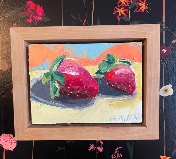 Original Oil Painting, Two Ready Strawberries
