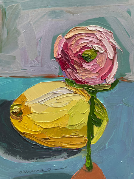 Original Oil Painting, Lemon and Flower