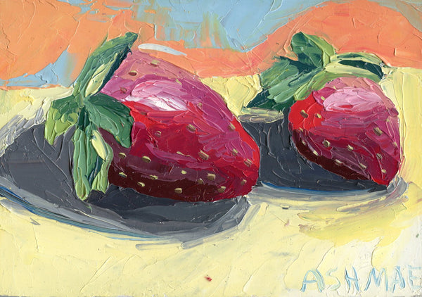 Original Oil Painting, Two Ready Strawberries