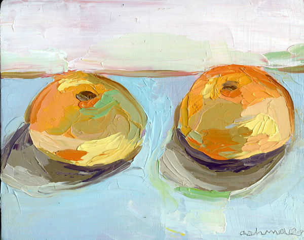 Original Oil Painting, Two Clementines on wood panel